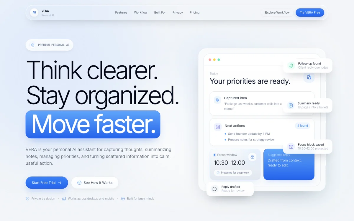 Prévia do template Vera AI Personal Assistant