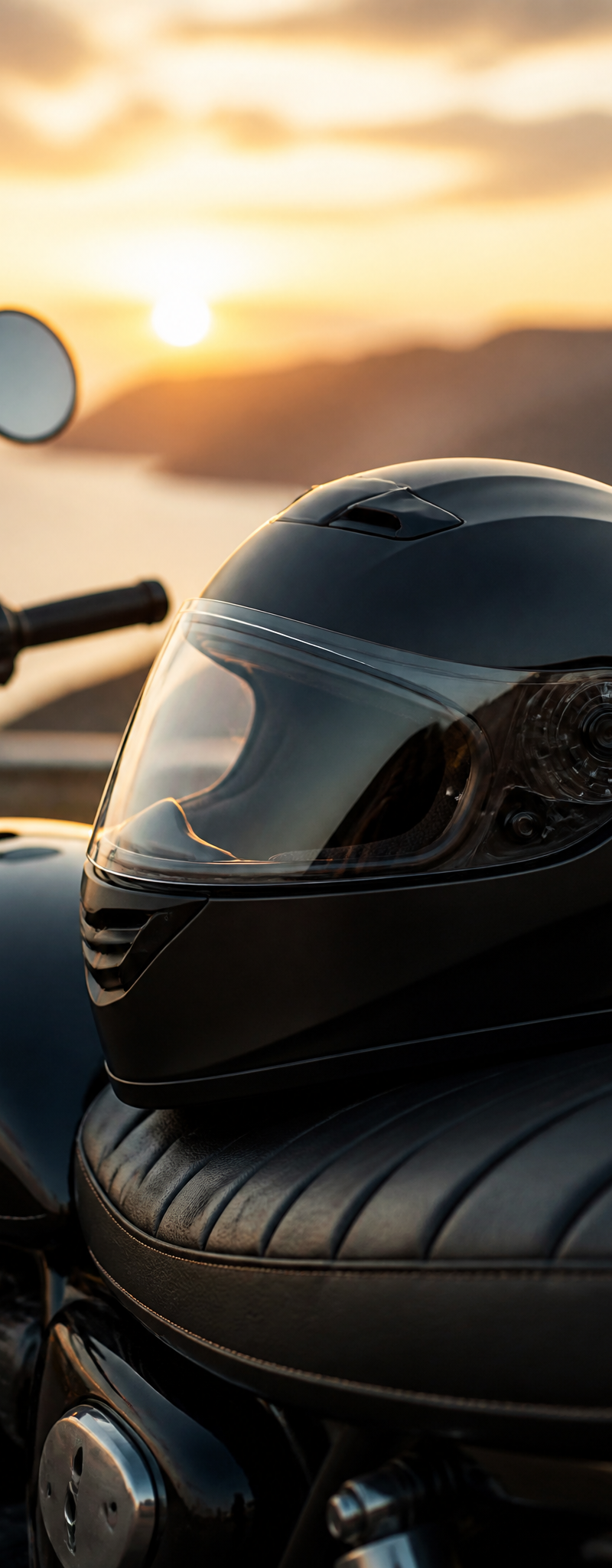 Helmet resting on a motorcycle