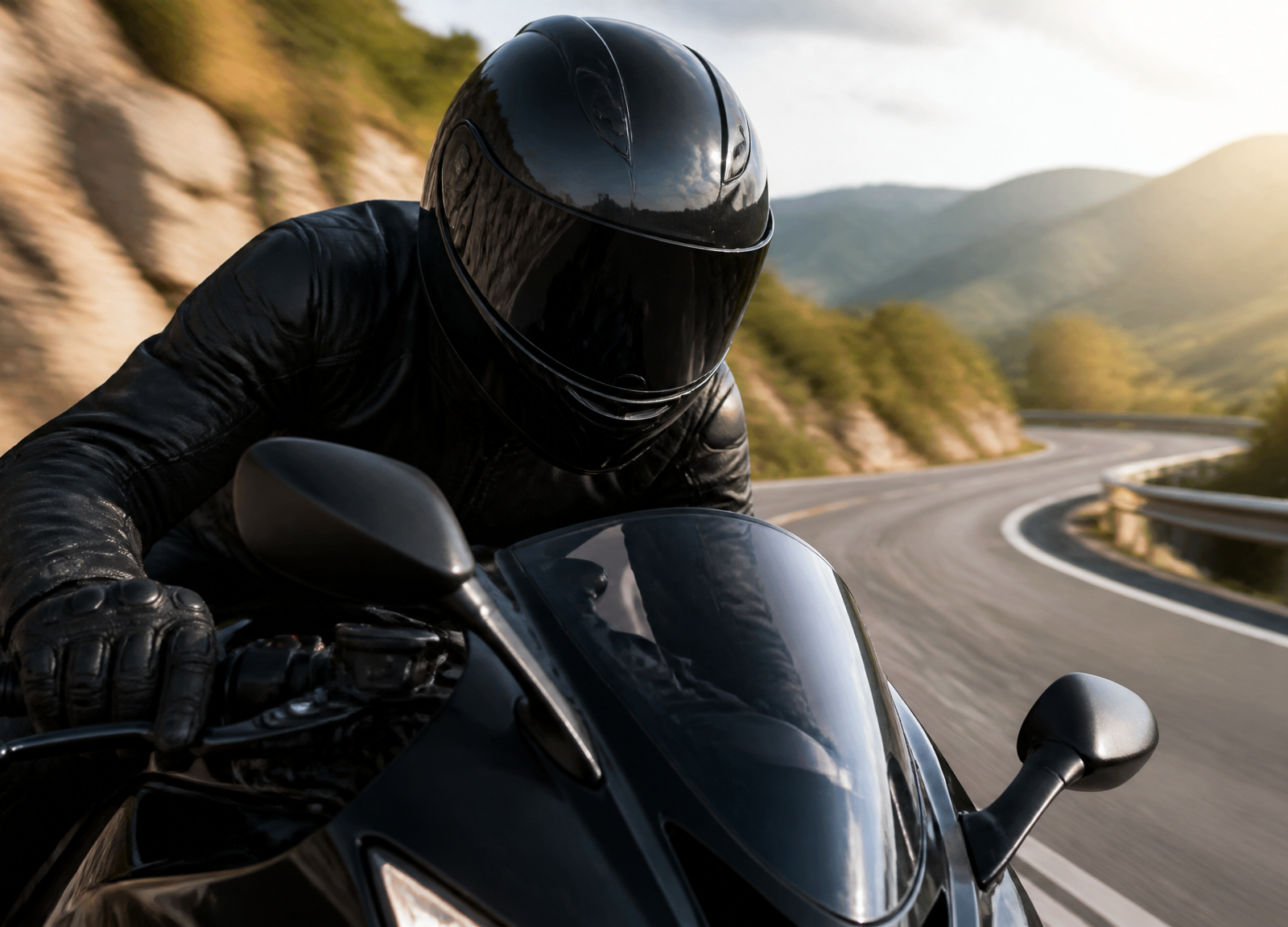 Motorcyclist riding in a black full-face helmet