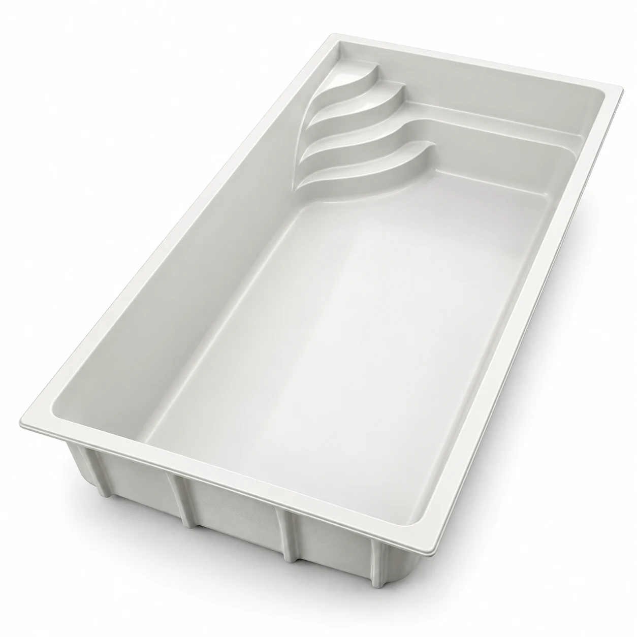 White fiberglass Contour pool shell with curved corner steps