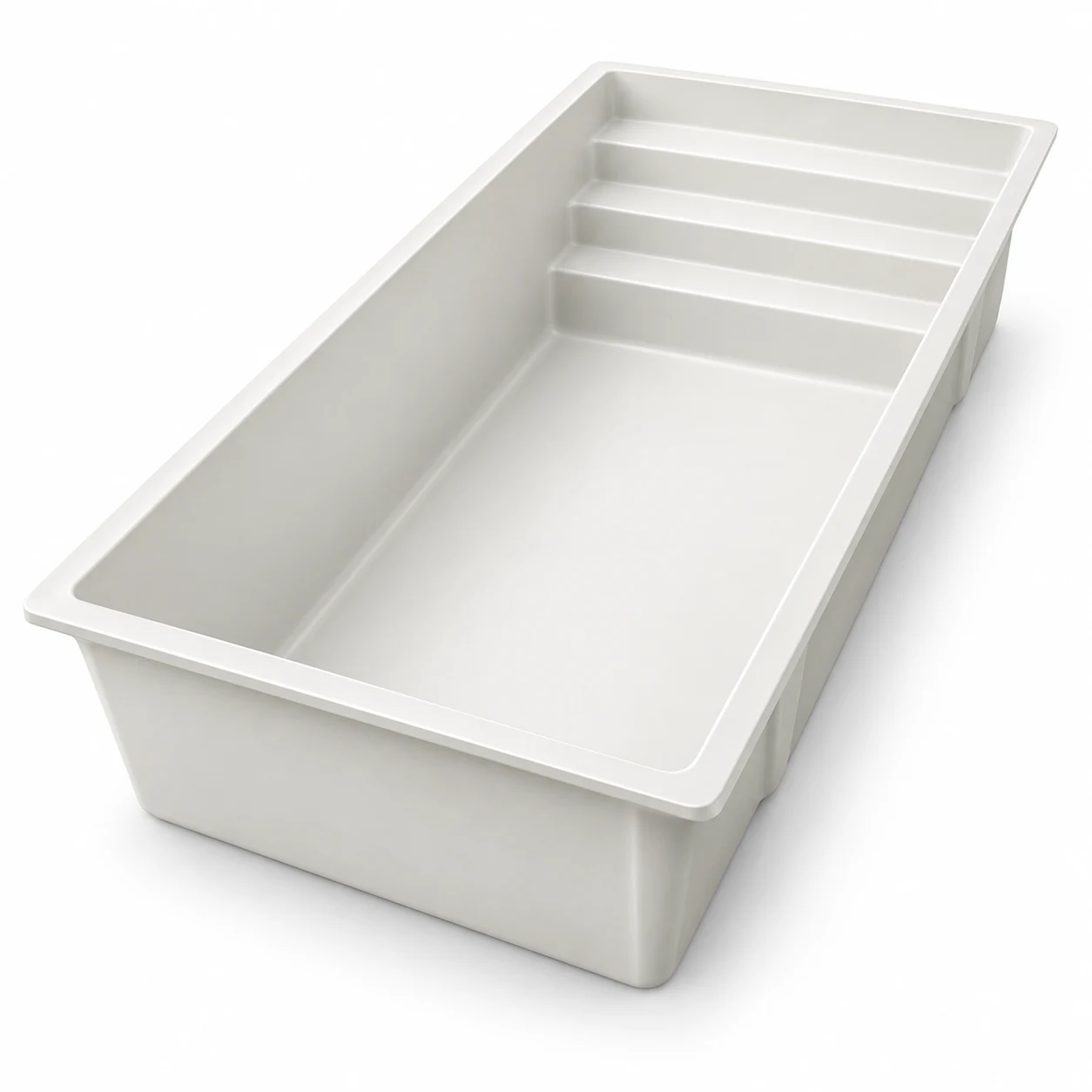 White fiberglass Nest pool shell with full-width entry steps