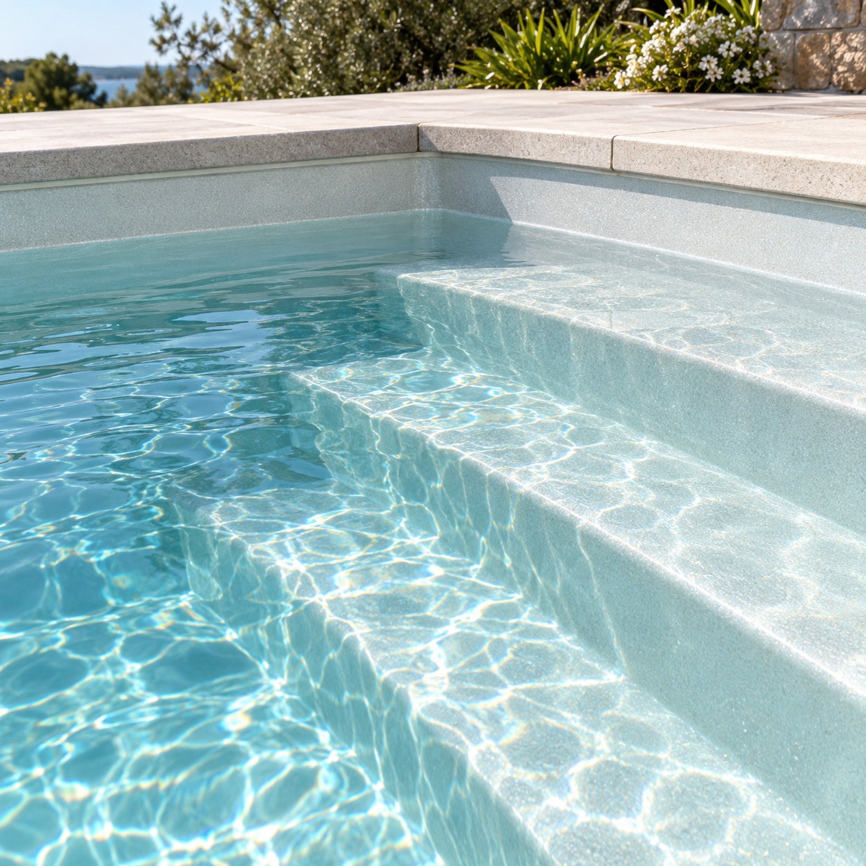 Sunlight revealing the fiberglass finish beneath turquoise pool water