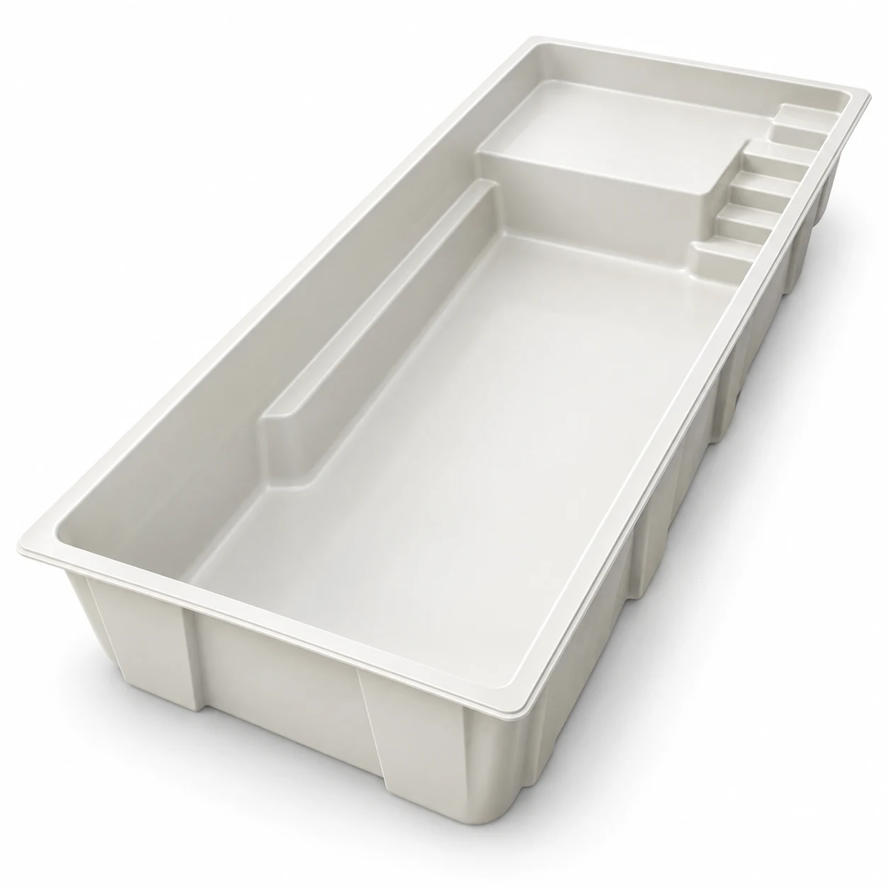 White fiberglass Retreat pool shell with generous sun shelf