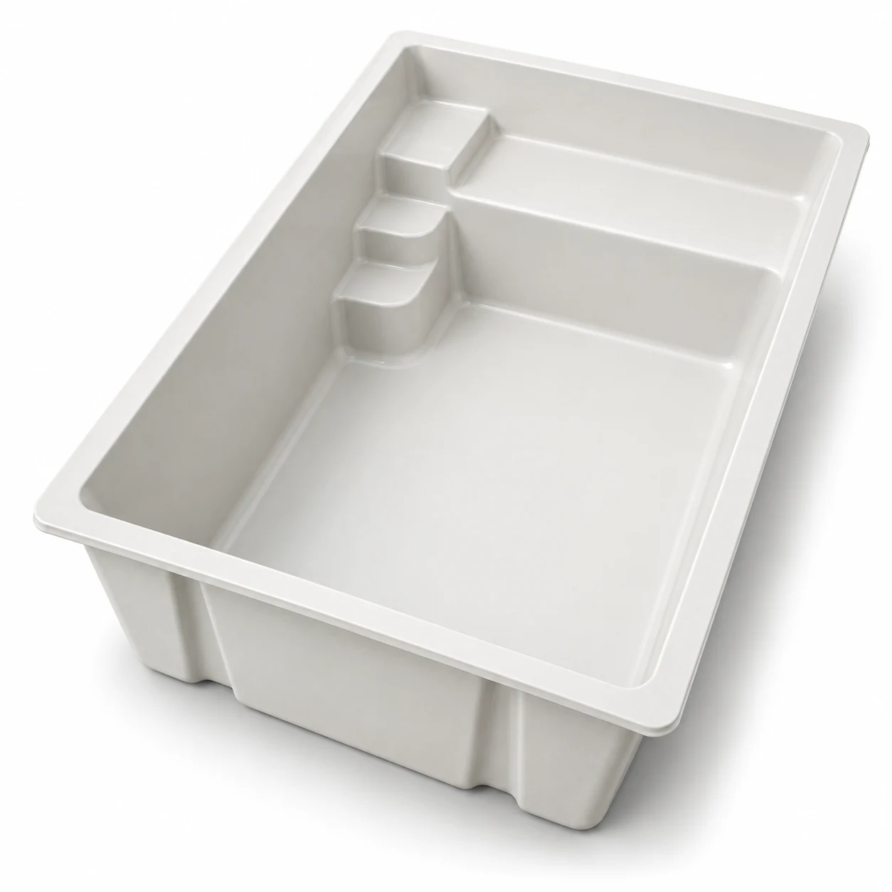 White fiberglass Cove pool shell with shallow lounge ledge