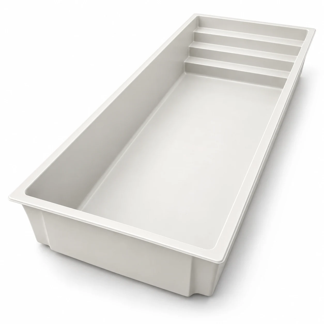 White fiberglass Linea pool shell with three full-width steps