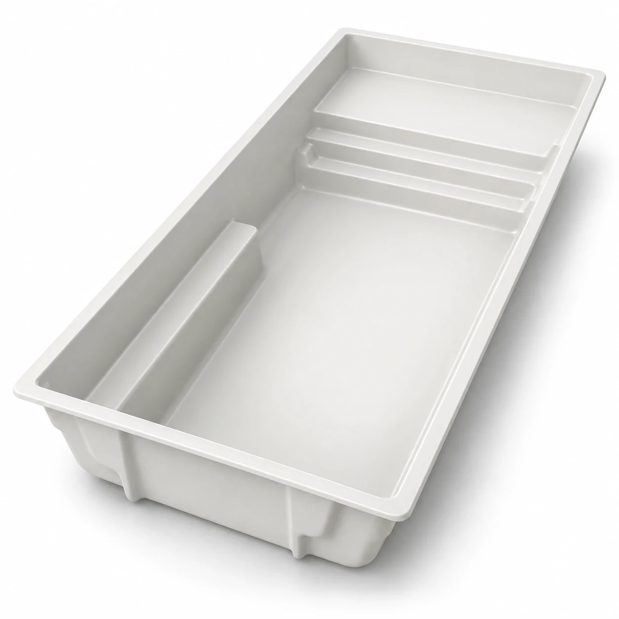 White fiberglass Haven pool shell with generous sun shelf