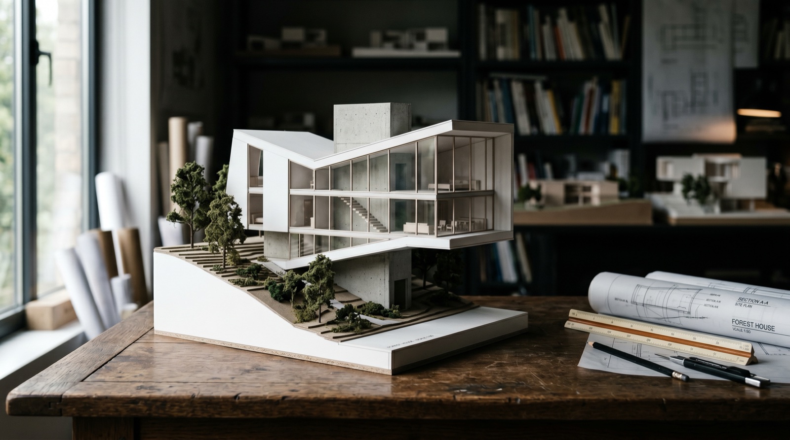 A working scale model of the residence on the studio table