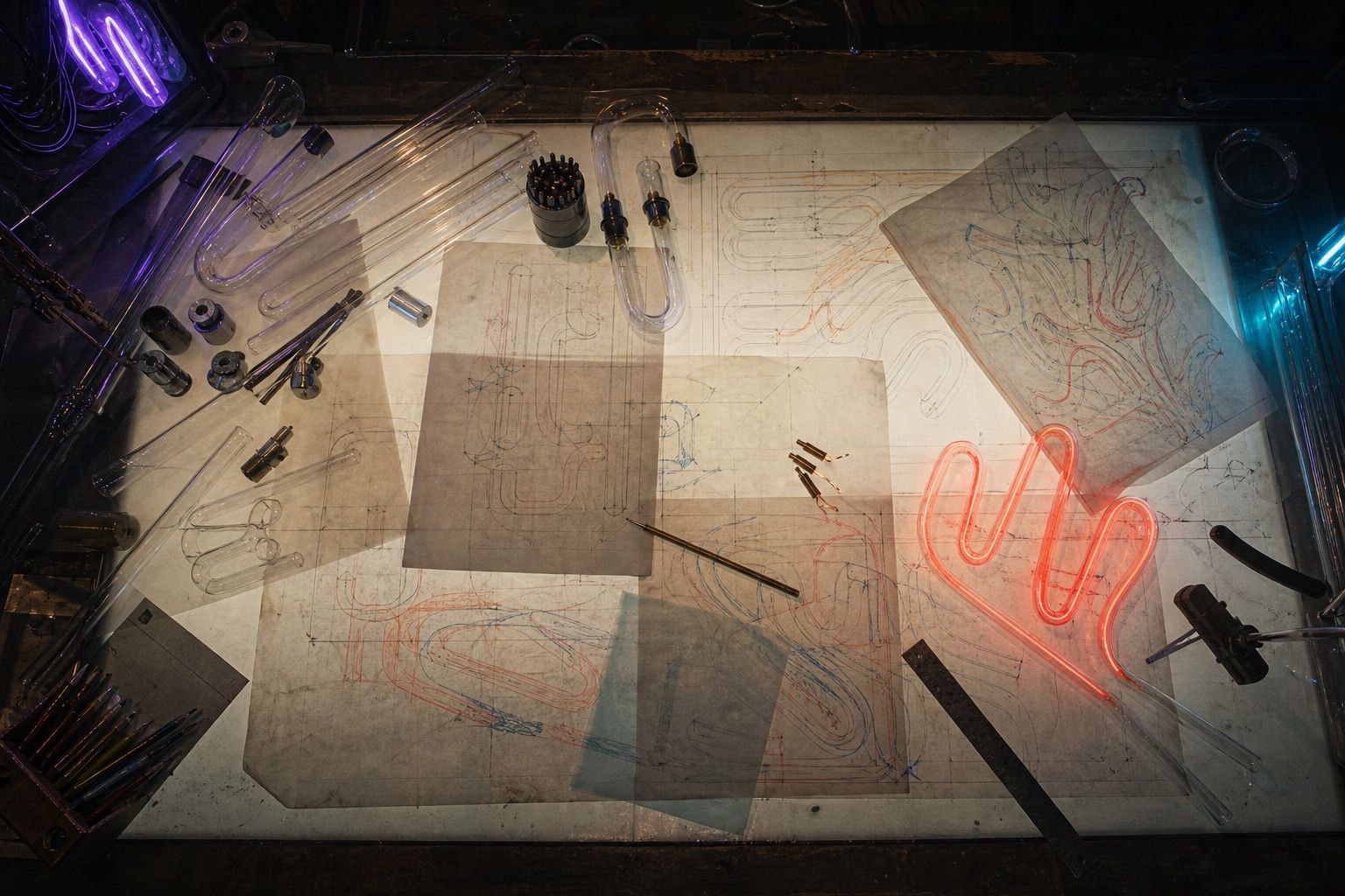 An illuminated pattern table with neon tube drawings and glass