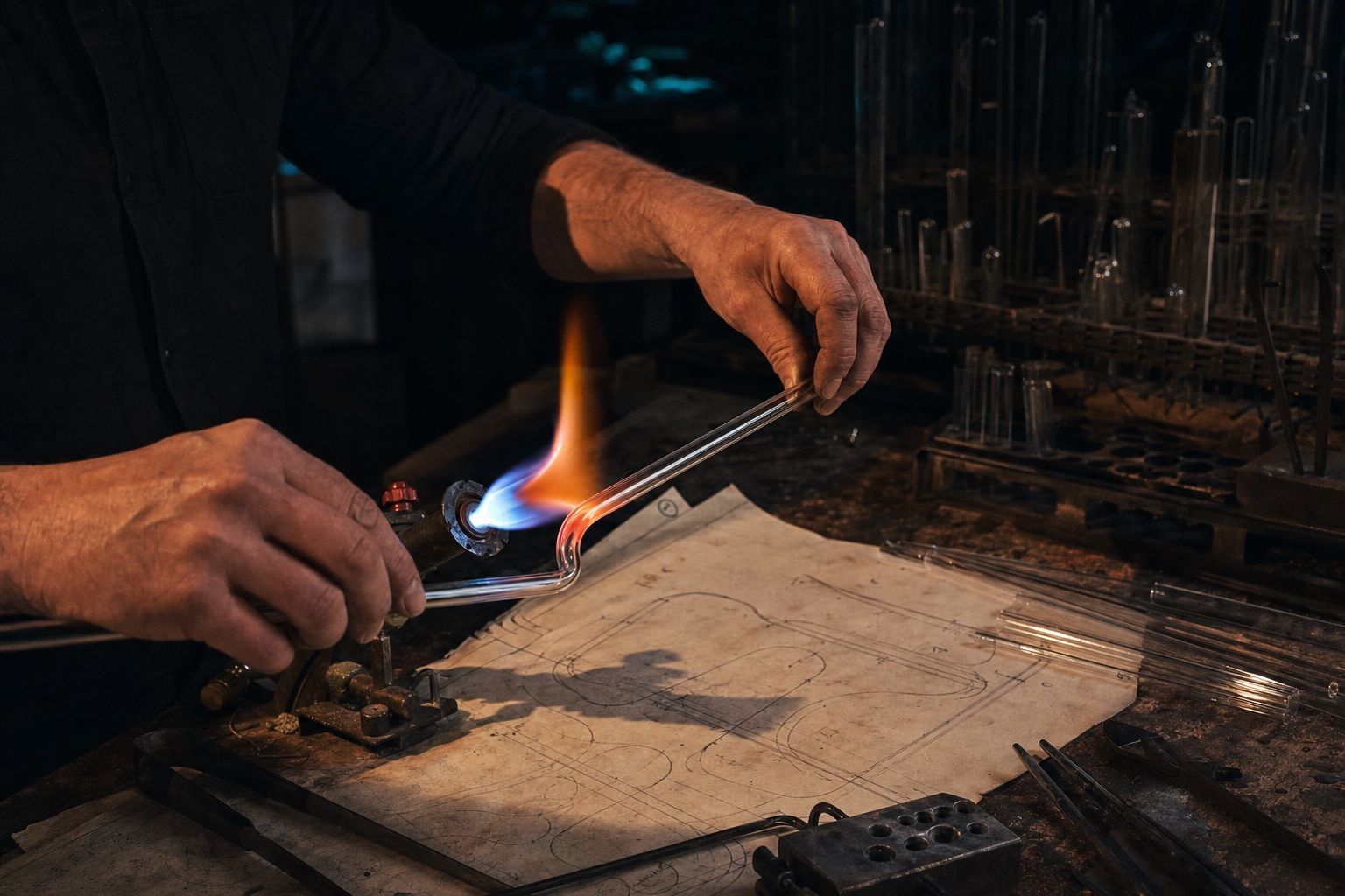 Hands bending a glass tube over a burner flame