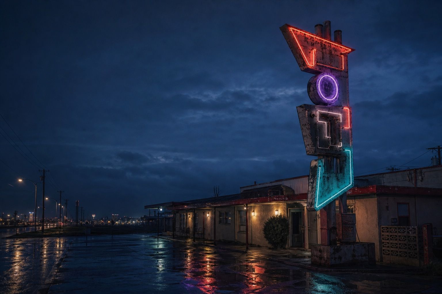 A weathered roadside motel and vertical neon sign after rain