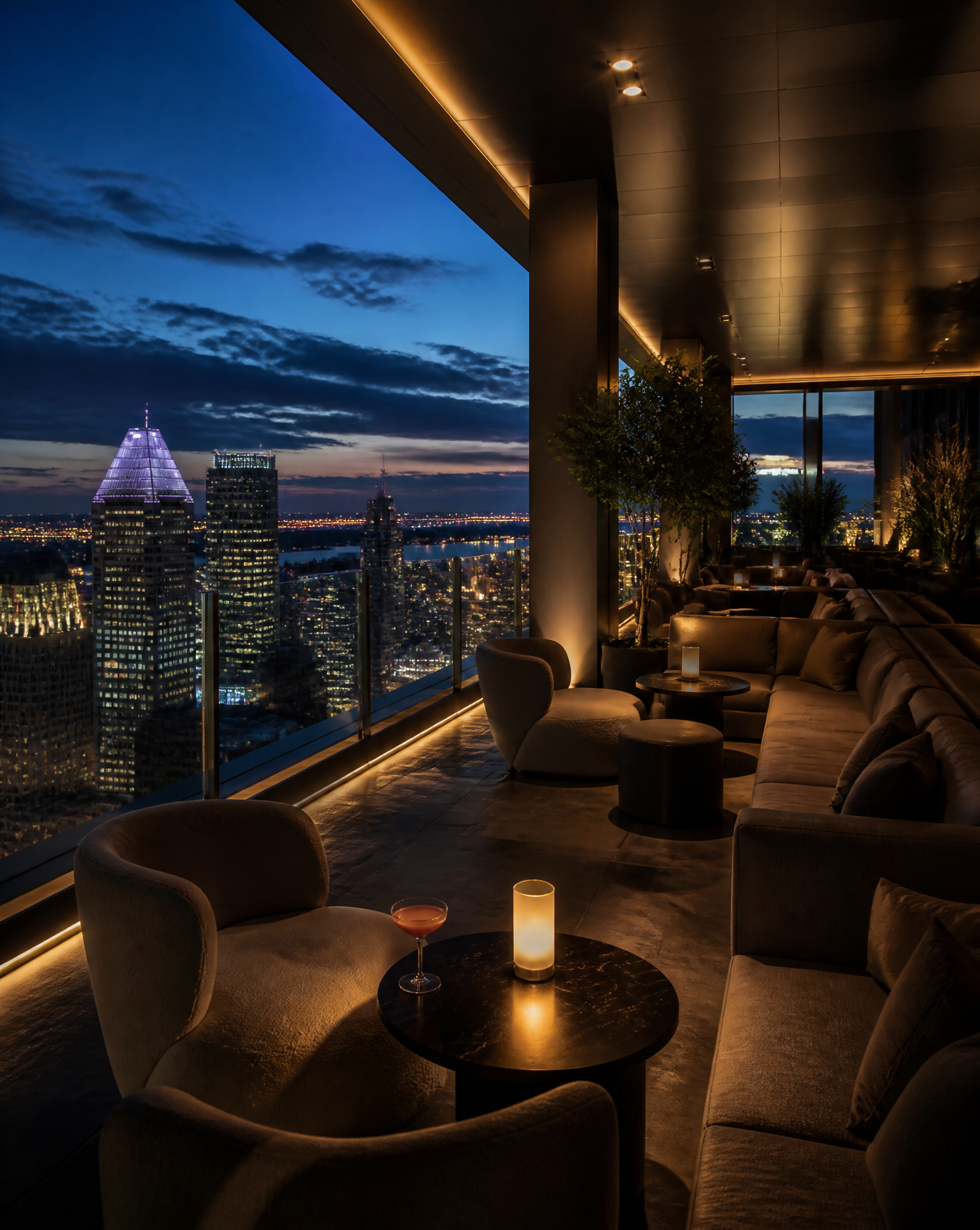 Evening lounge seating with soft architectural lighting