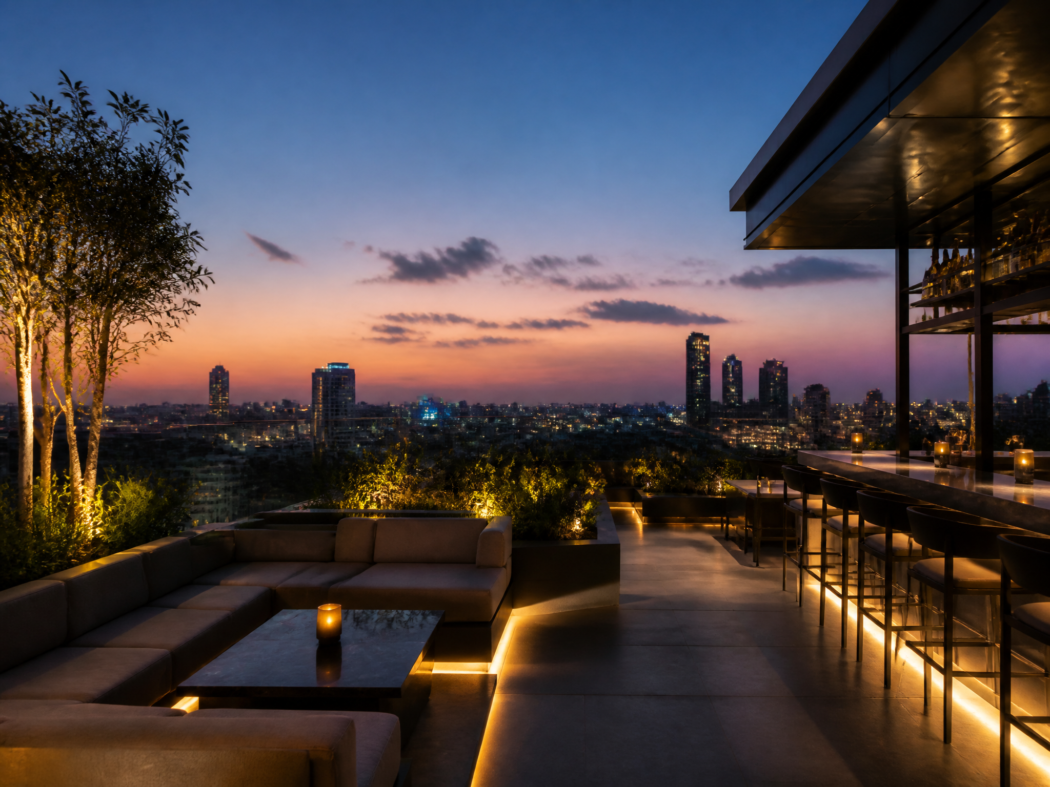 Rooftop terrace at twilight