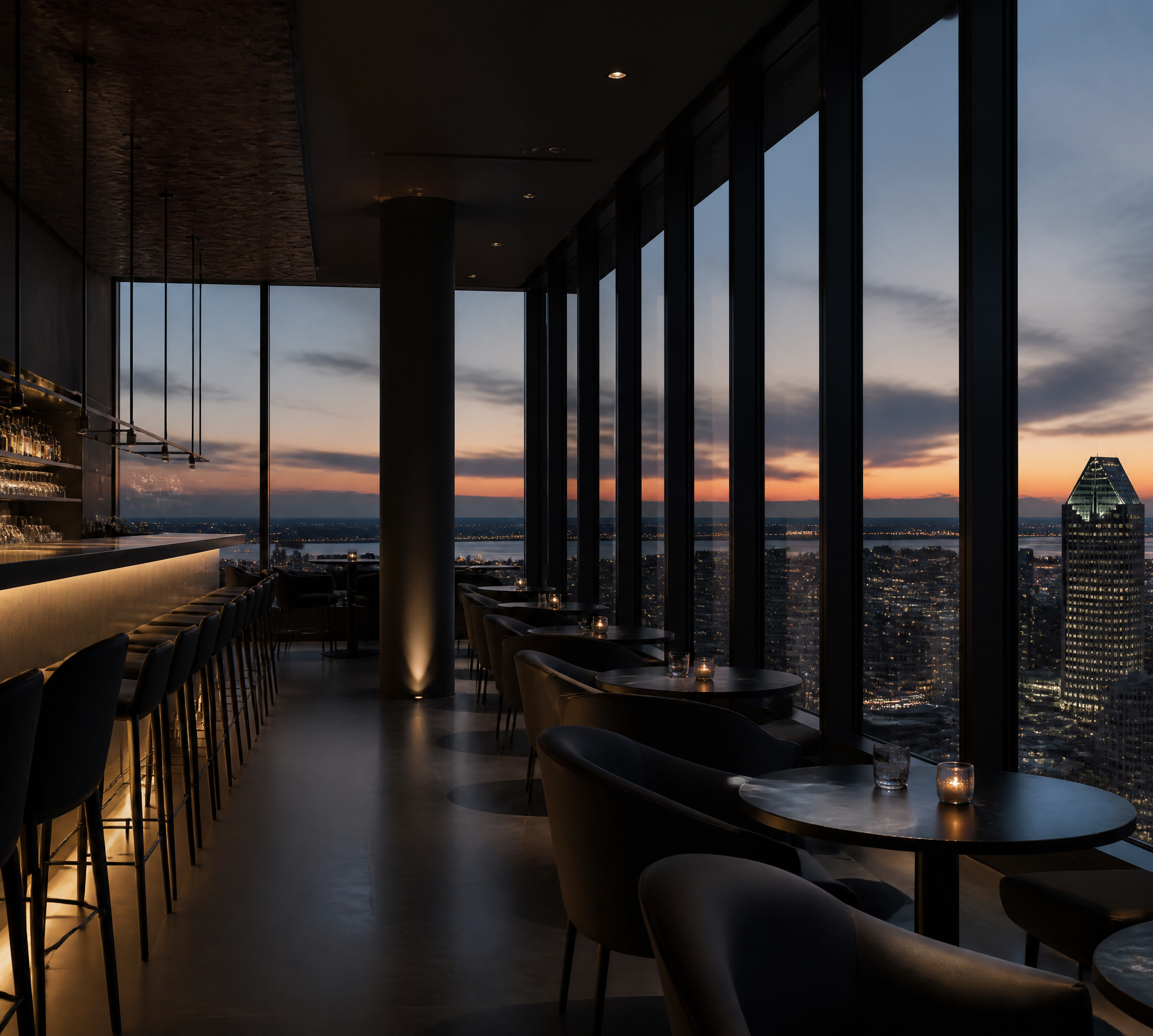 Architectural interior with dramatic evening light