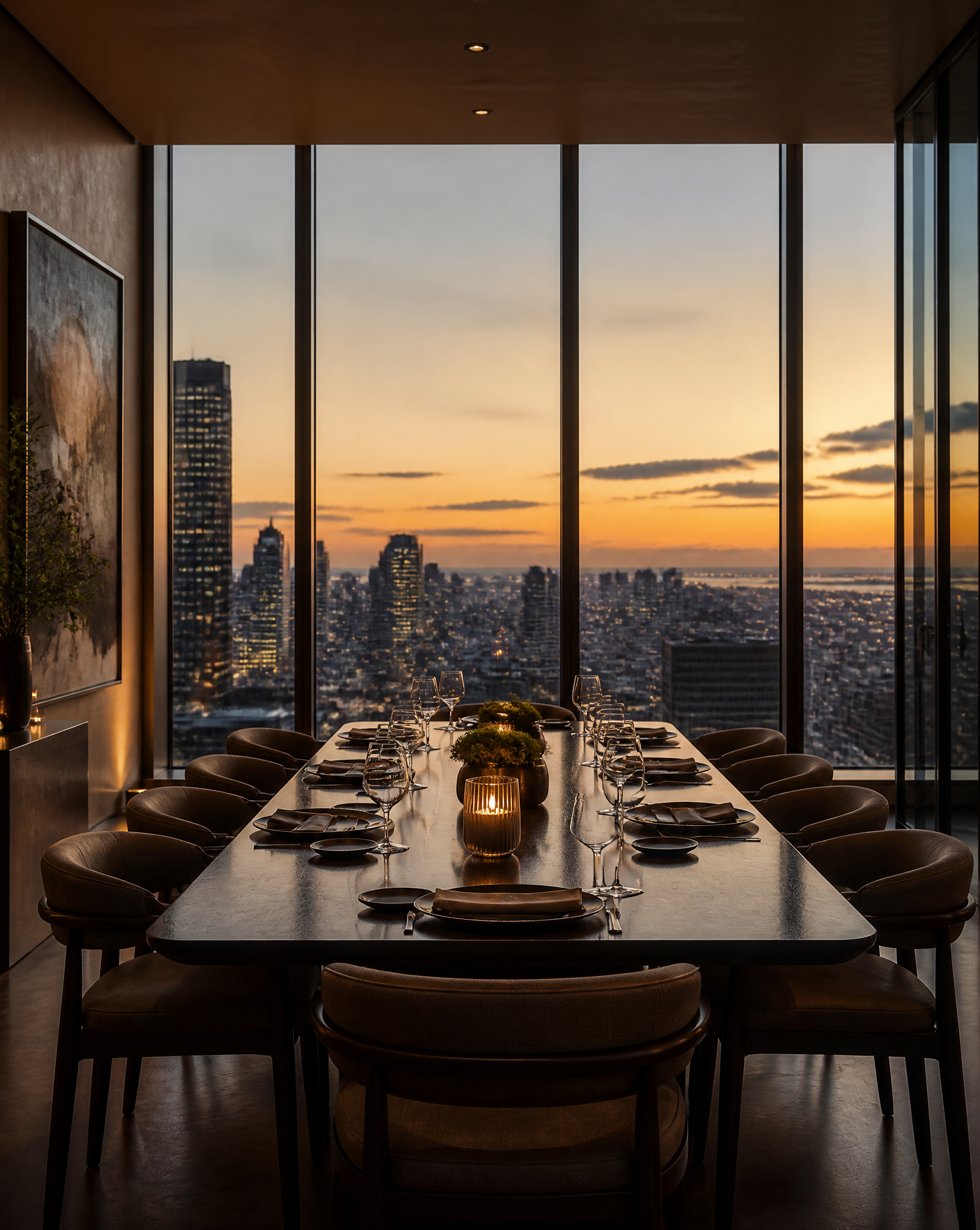 Dining room table with city backdrop