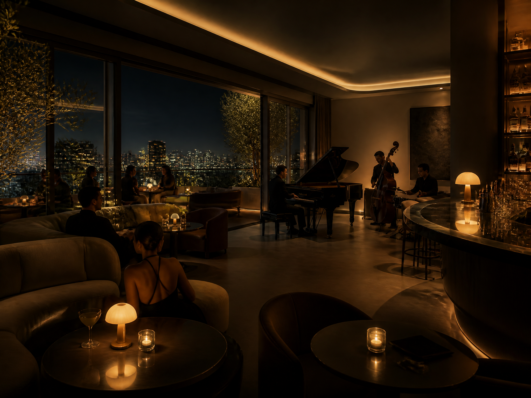 Night lounge with music and soft light