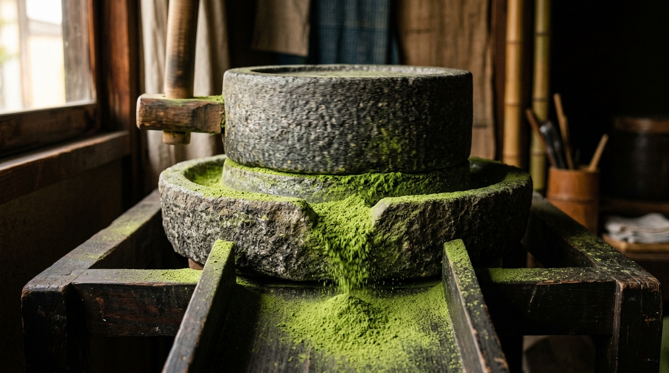 A granite stone mill grinding bright jade matcha powder