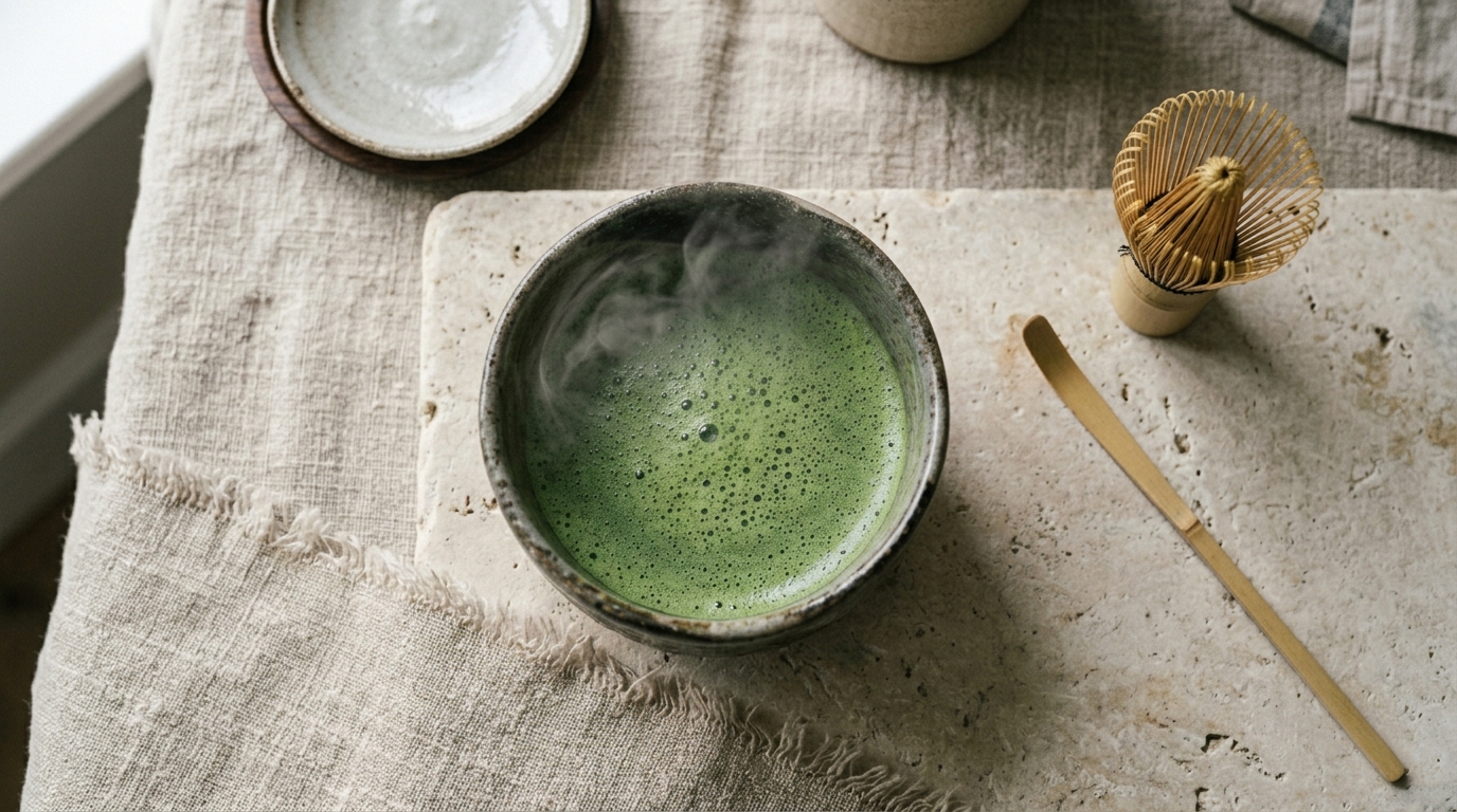 A bowl of freshly whisked ceremonial matcha with a bamboo whisk