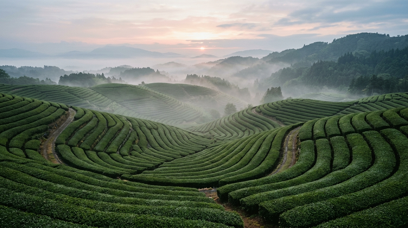Misty terraced tea fields at dawn in Wazuka, Kyoto