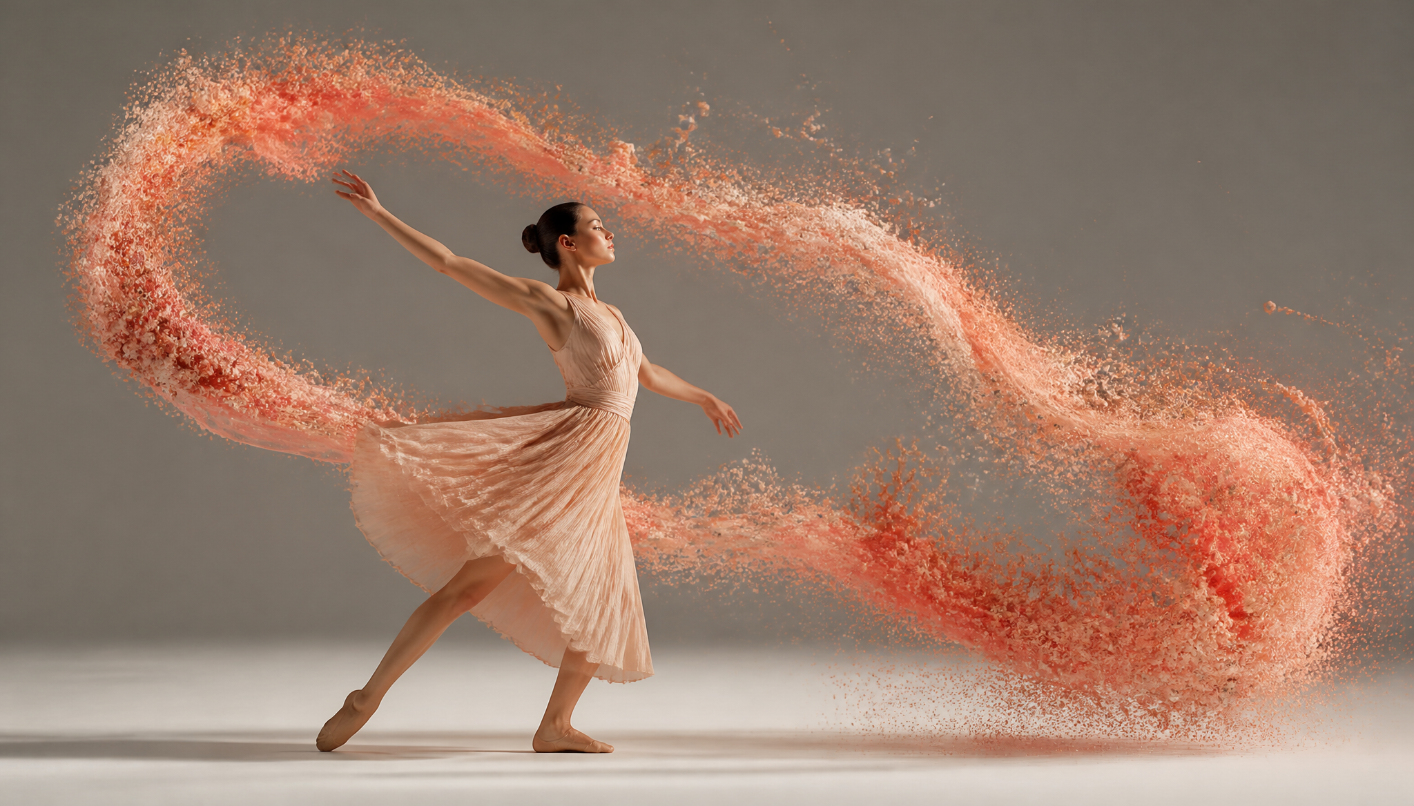 Dancer with a ribbon of coral particles