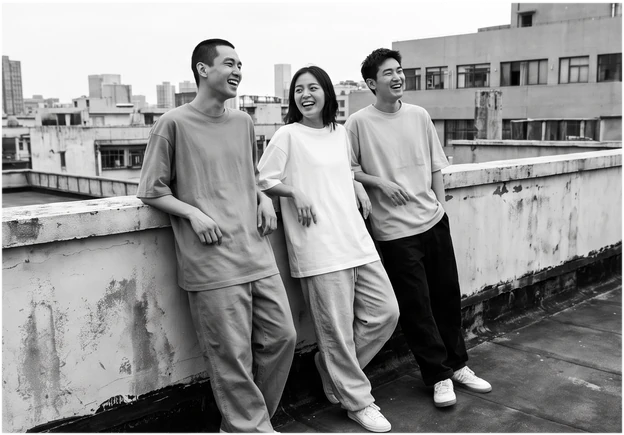 Three friends on a rooftop wearing the collection