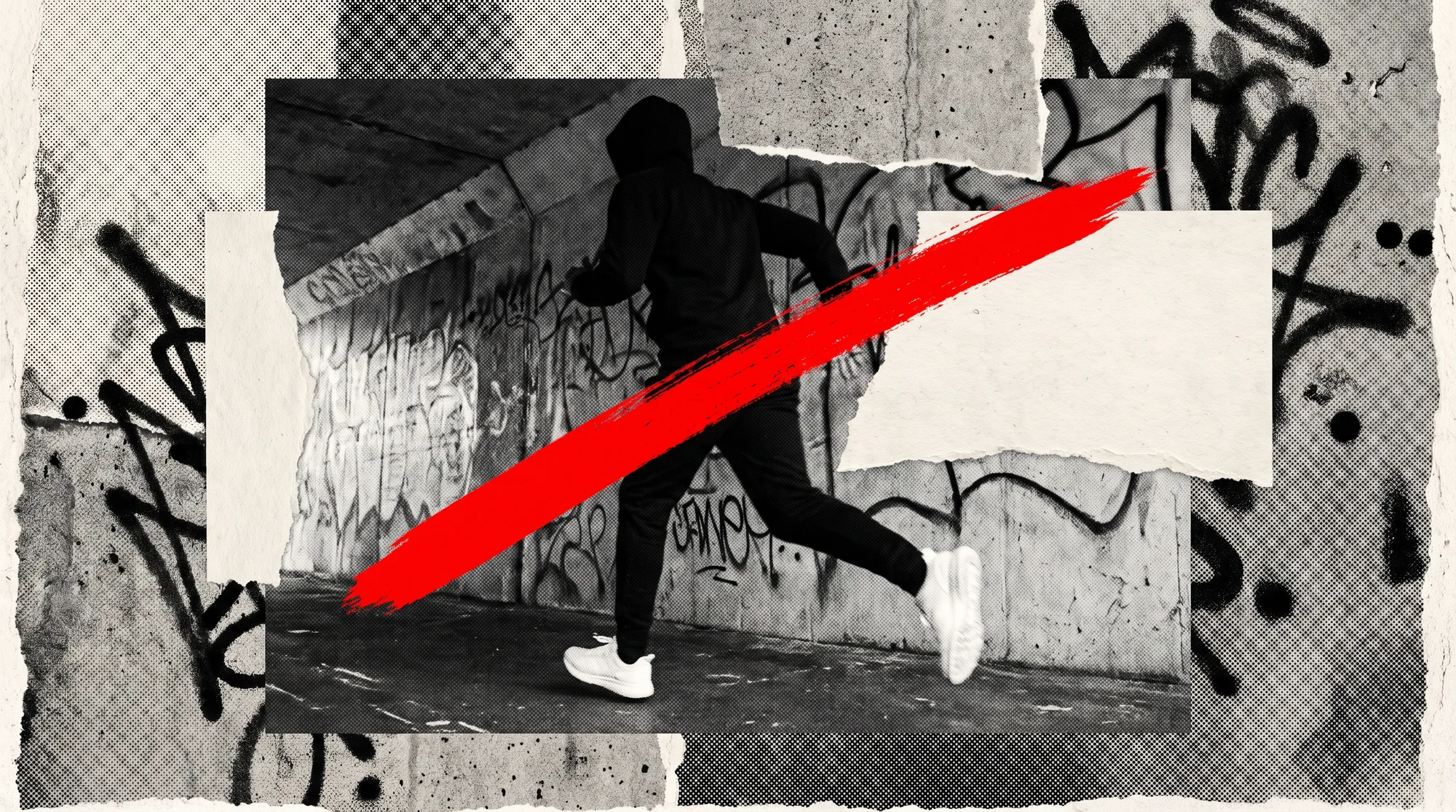 A runner mid-stride past a concrete underpass