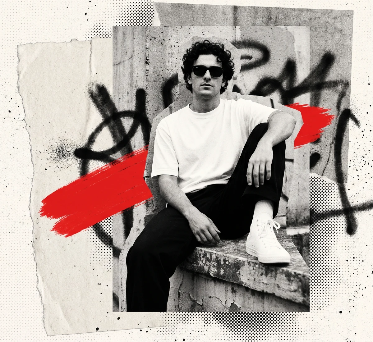 A man seated on a concrete ledge wearing the ATEEVIBES heavyweight tee