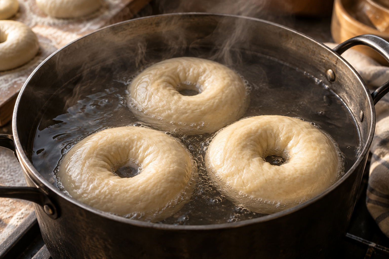 Trois bagels de pâte pâle pochent dans l’eau frémissante d’une marmite