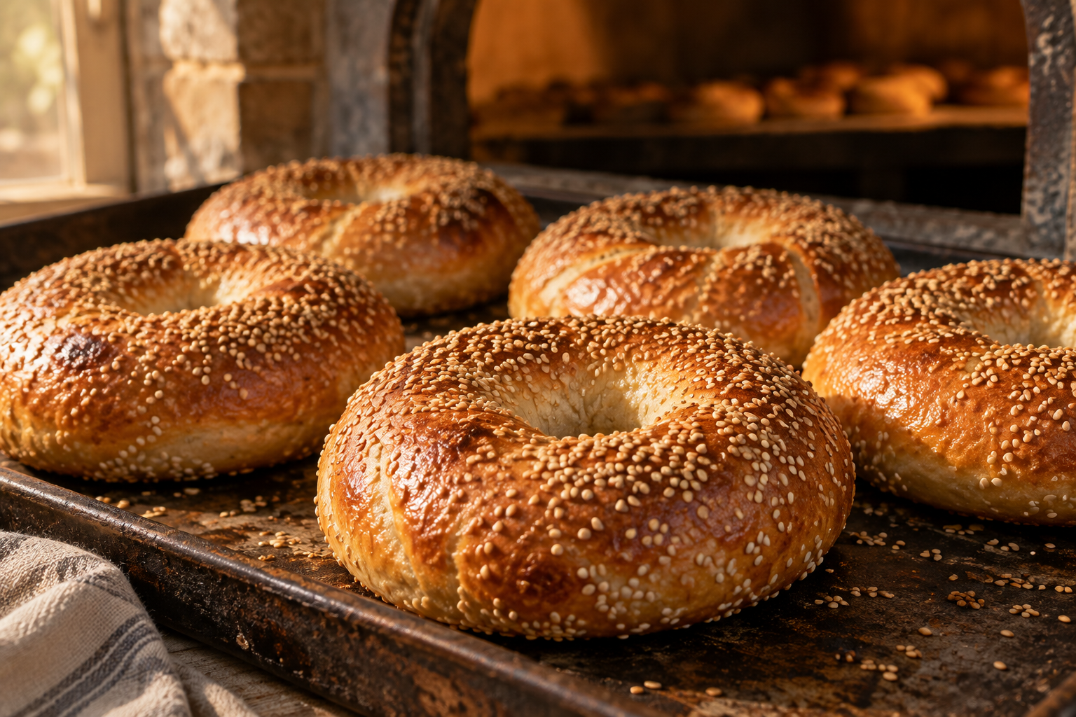 Des bagels au sésame, dorés et croustillants, à la sortie du four