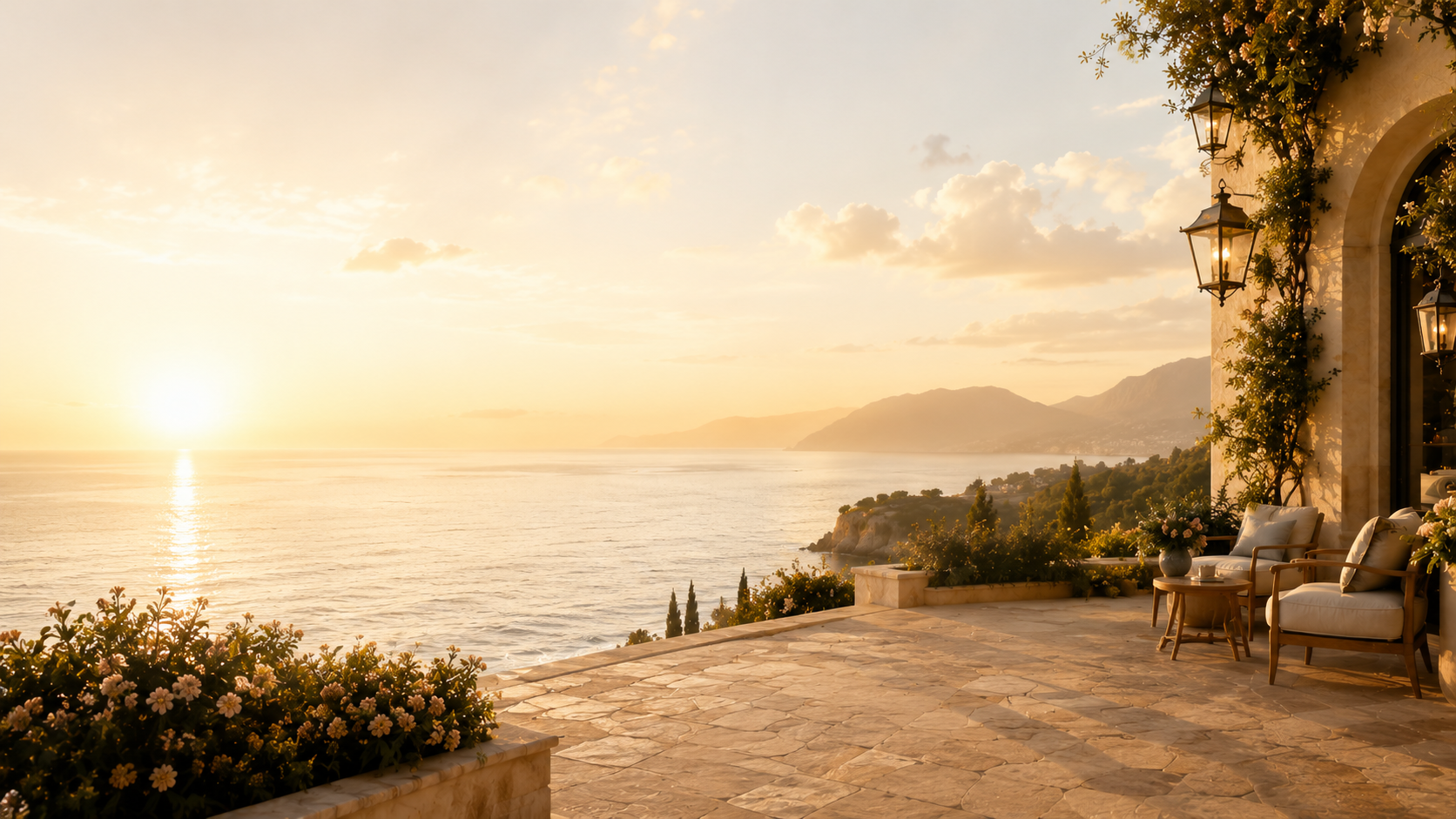 Luxury coastal terrace at golden hour