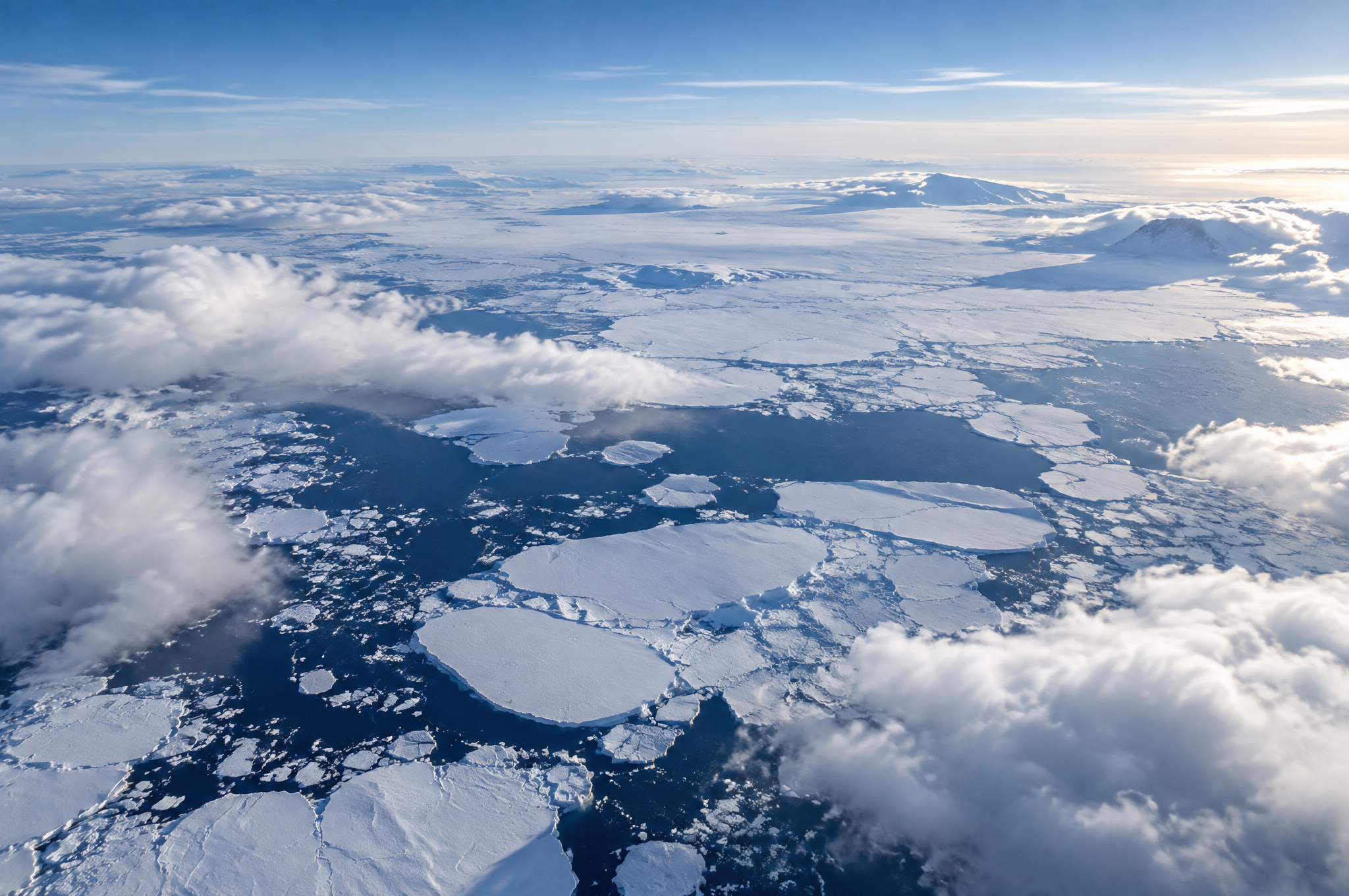 Aerial view over Antarctic sea ice and cloud