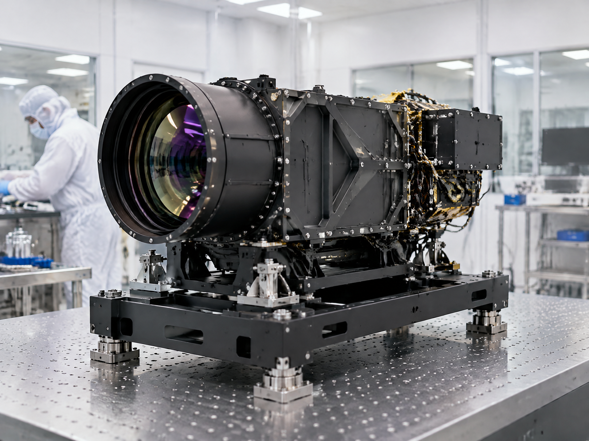 Optical imaging instrument on its bench in a clean room