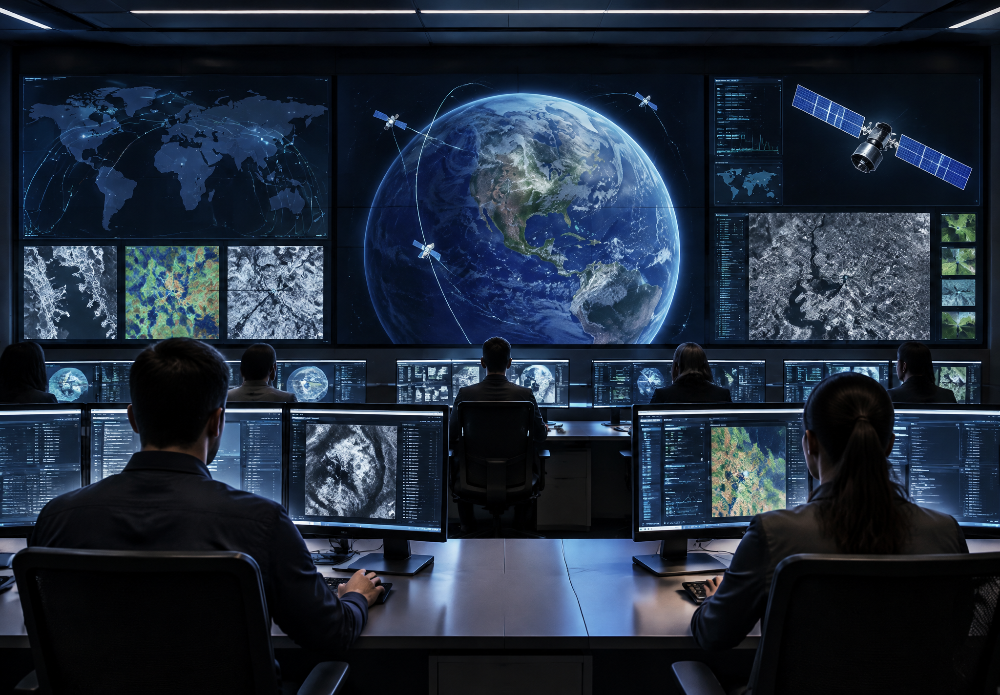 Satellite operations floor, consoles and wall displays