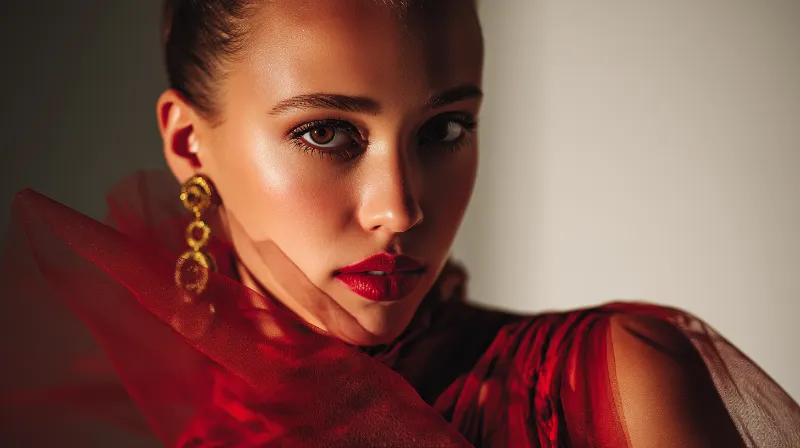 Elegant fashion portrait in red tulle