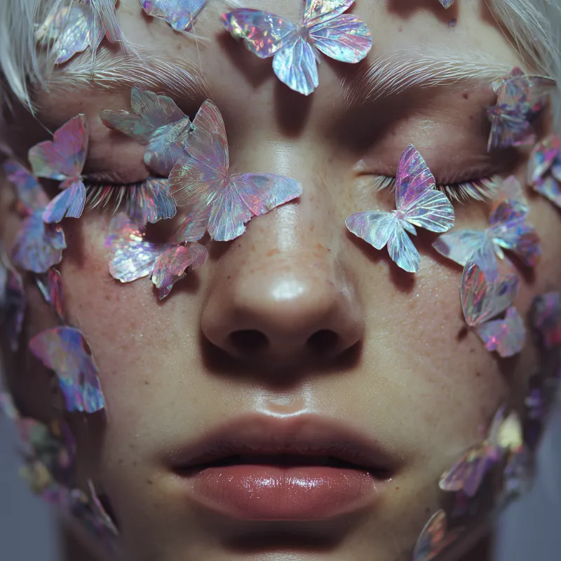 Ethereal face with iridescent butterflies