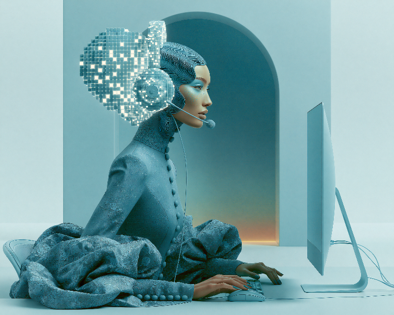 Futuristic cyan office art
