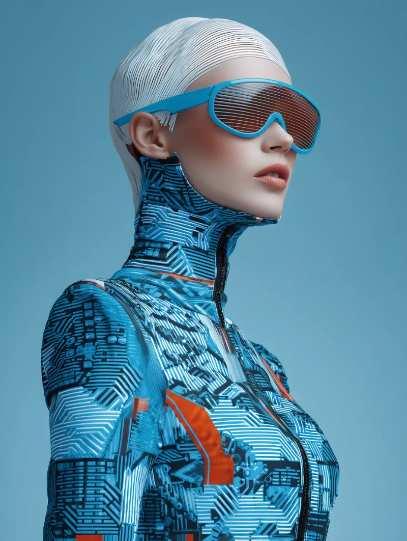 Futuristic woman in blue tech suit