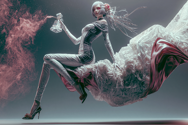 Ethereal fashion portrait with pink smoke