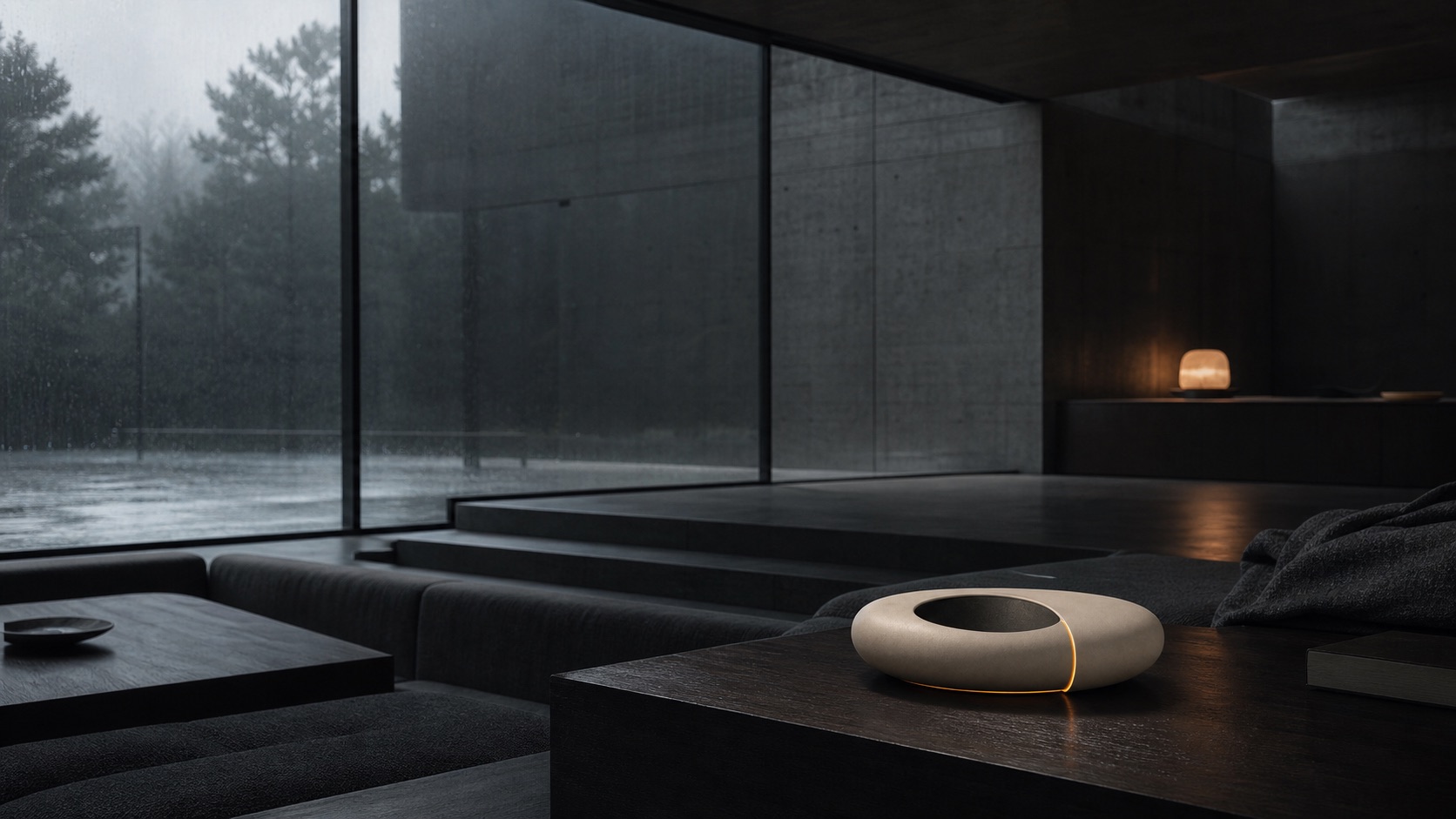ECHO/01 in a rain-lit brutalist living room
