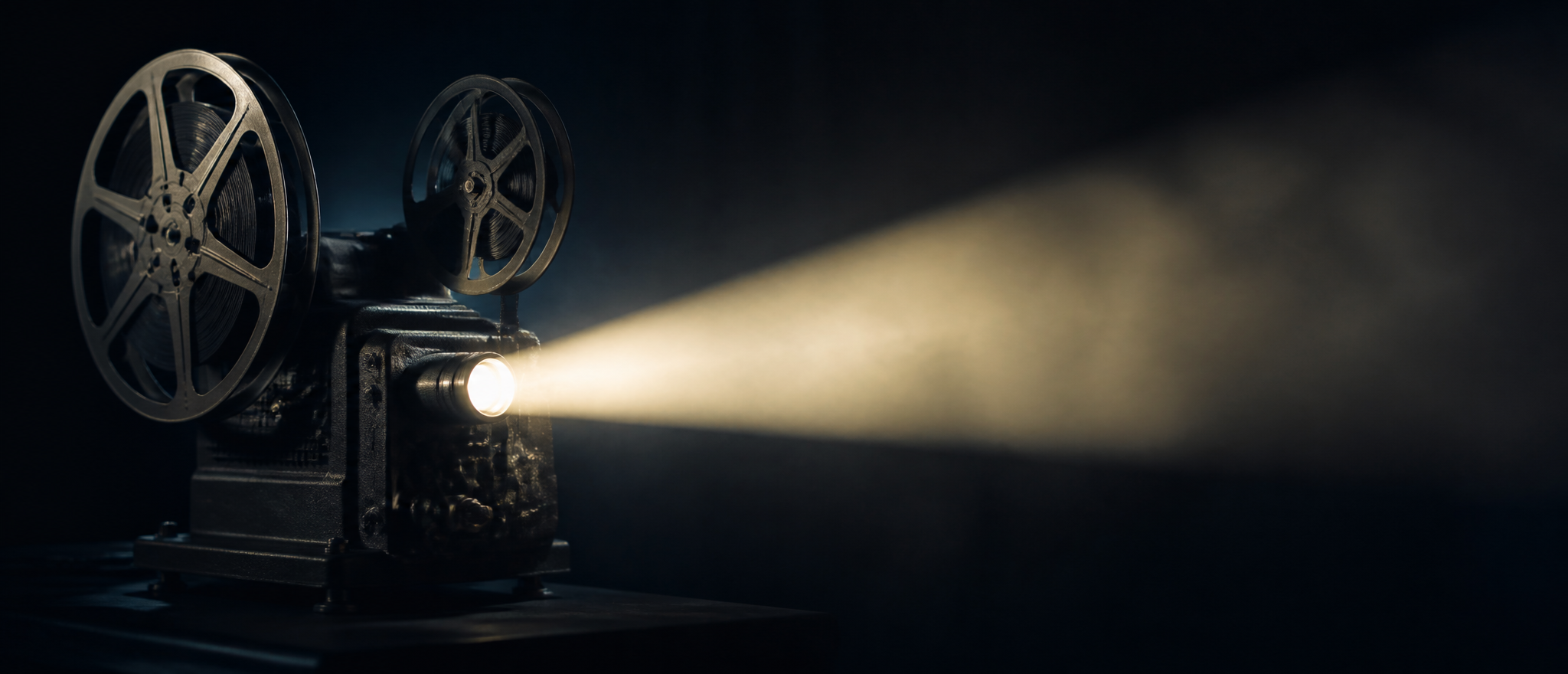 Cinema film reel projecting light in a dark studio
