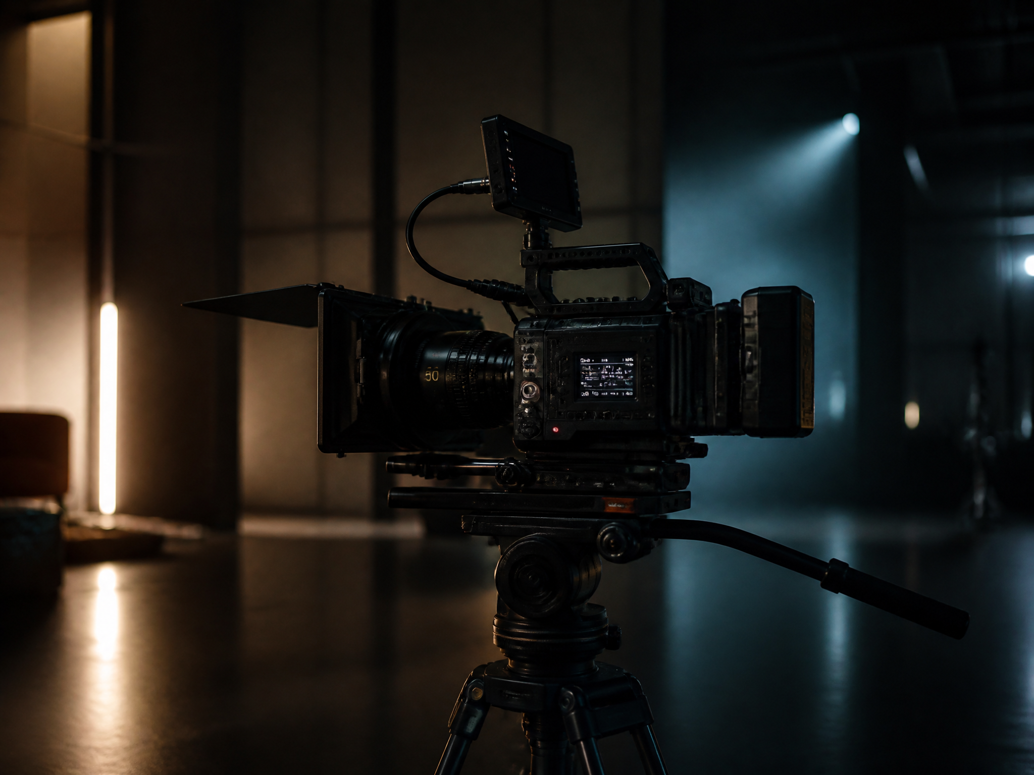 Cinema camera rig on a tripod in low-light interior