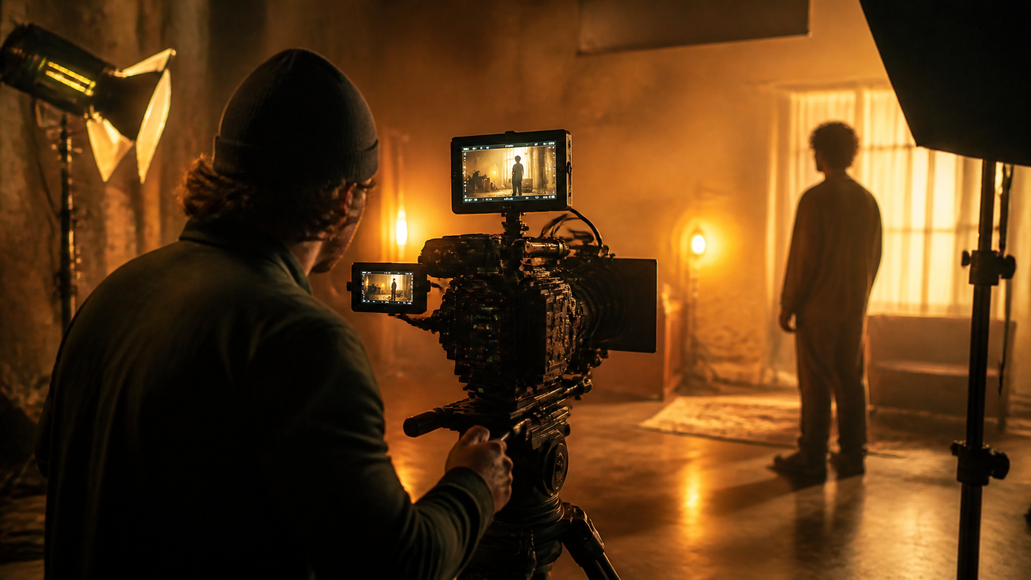 Behind the scenes of a film set with a camera operator framing a shot under warm tungsten light