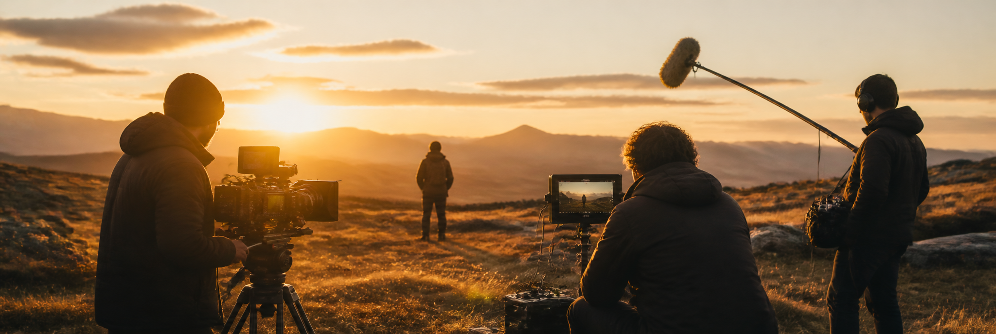 Wide cinematic frame of a crew filming at golden hour on an open field