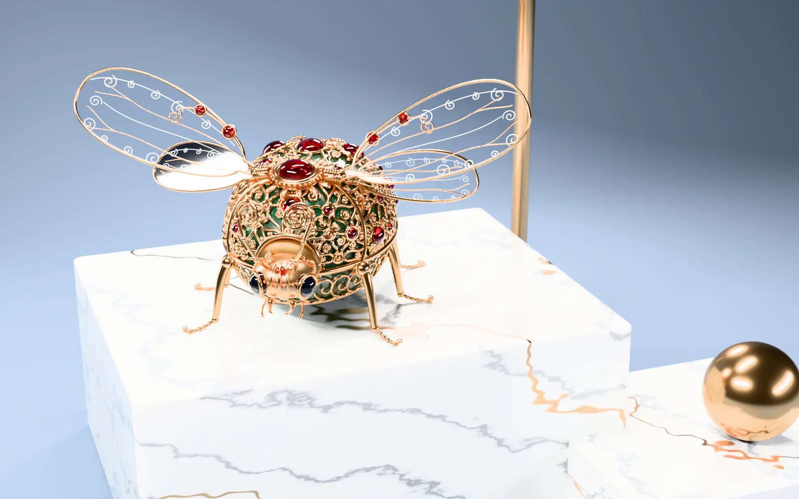 The ladybug on a white marble plinth beside a gold rod