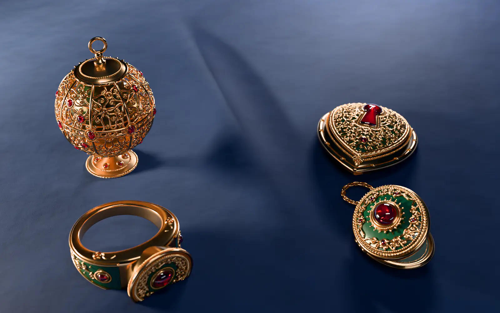 Four jewel artifacts on navy velvet