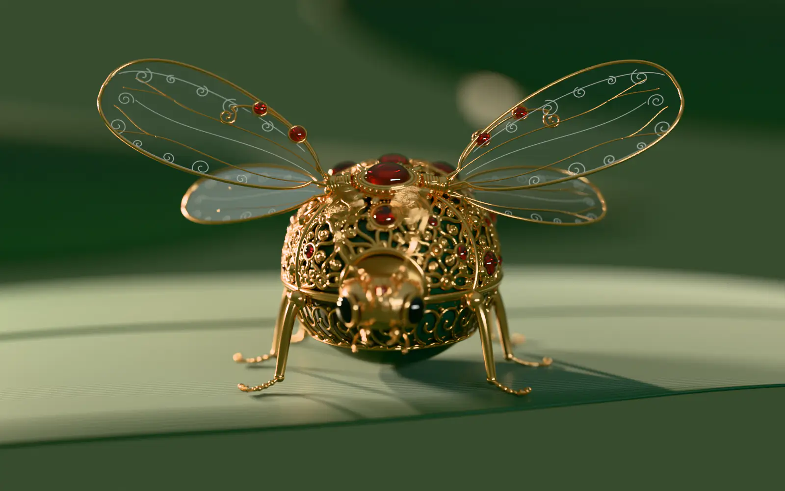 The gold ladybug on a curved green leaf at dawn