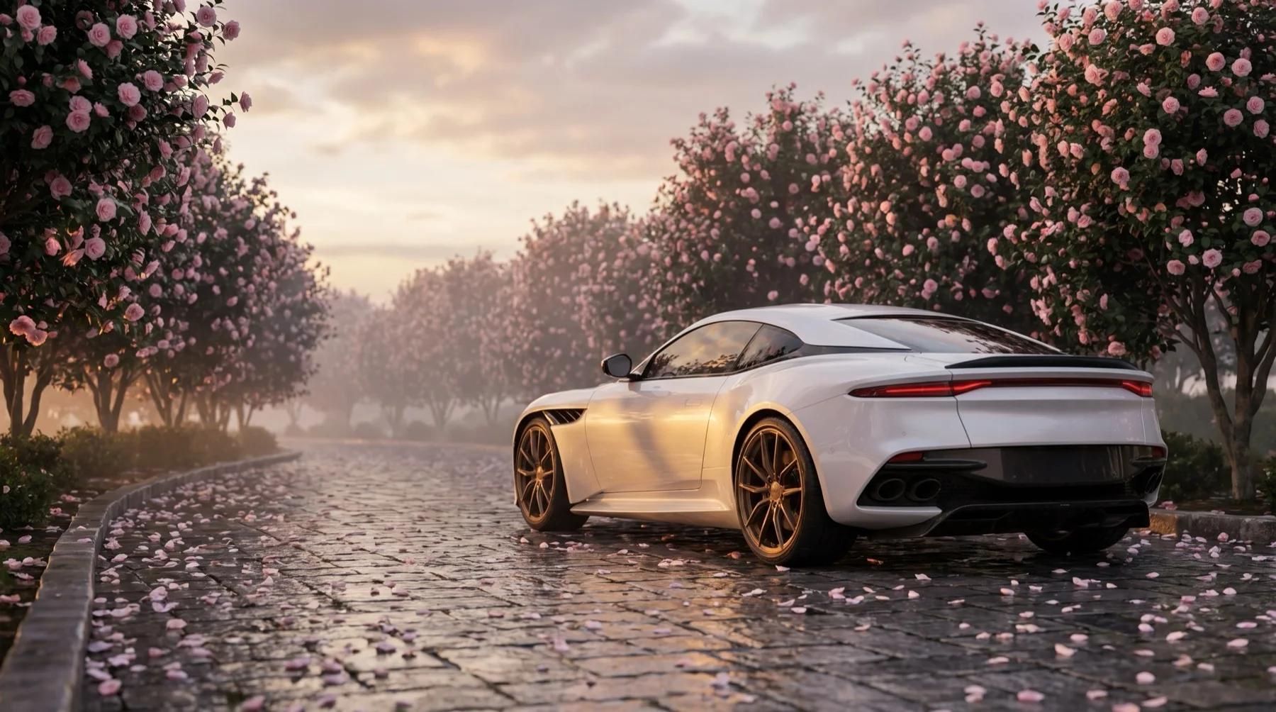 The S9 on a wet stone road through an avenue of blossoming camellia trees at dusk
