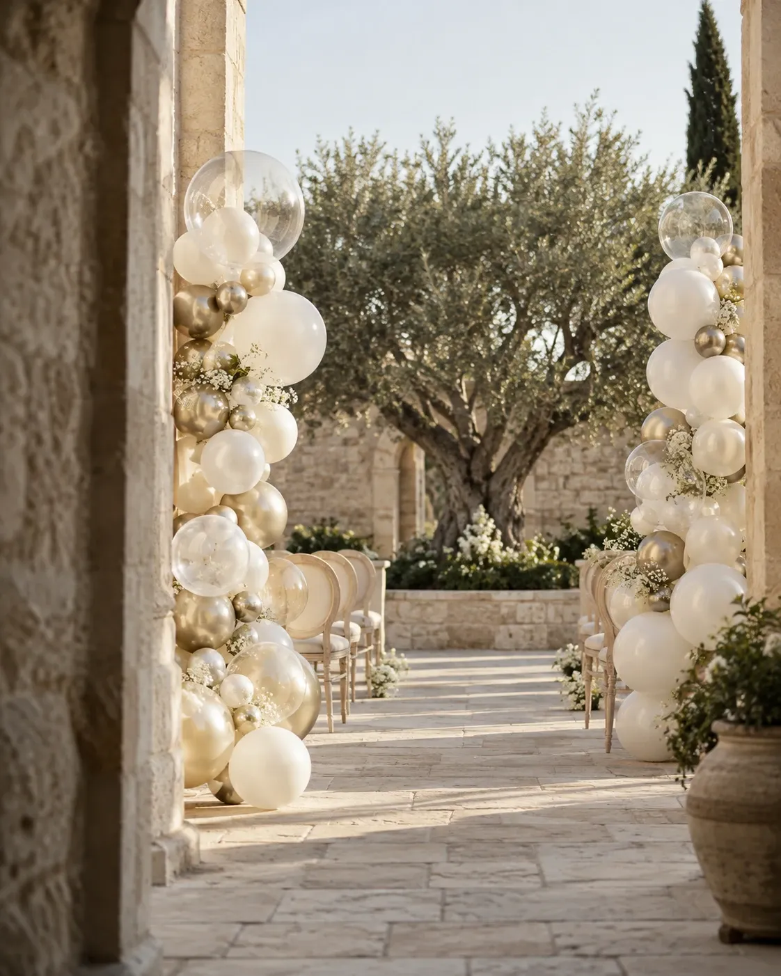 Pearl balloon columns framing an intimate limestone courtyard ceremony