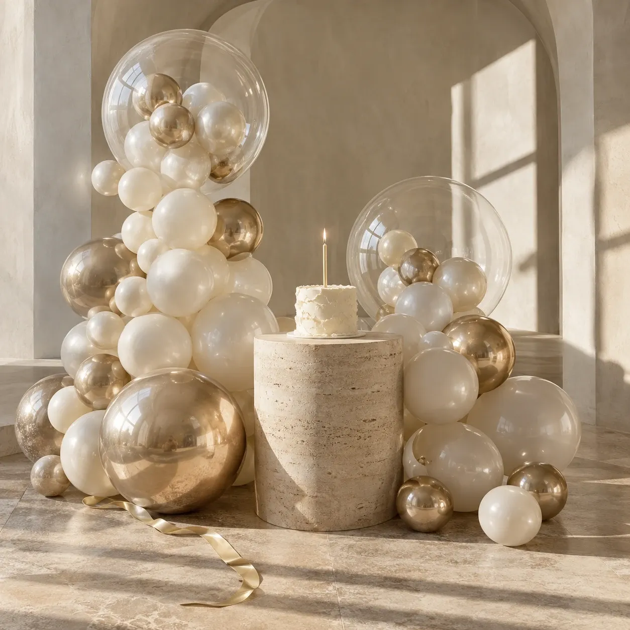 A pearl and gold birthday composition with a minimal cake on a stone plinth