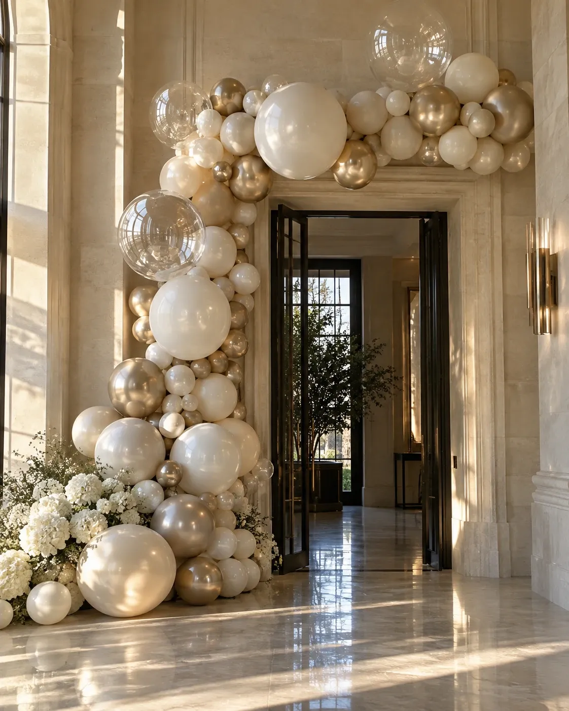 An asymmetric pearl and champagne balloon sculpture framing a sunlit limestone doorway