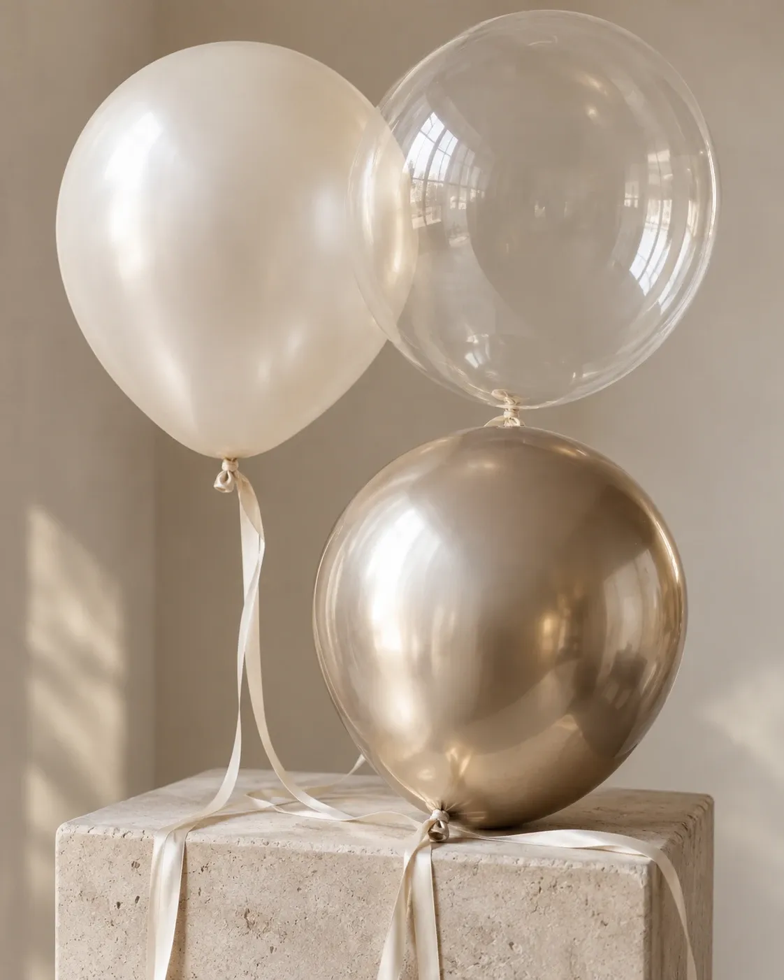 Pearl, champagne and crystal balloons with delicate silk ribbons on honed limestone